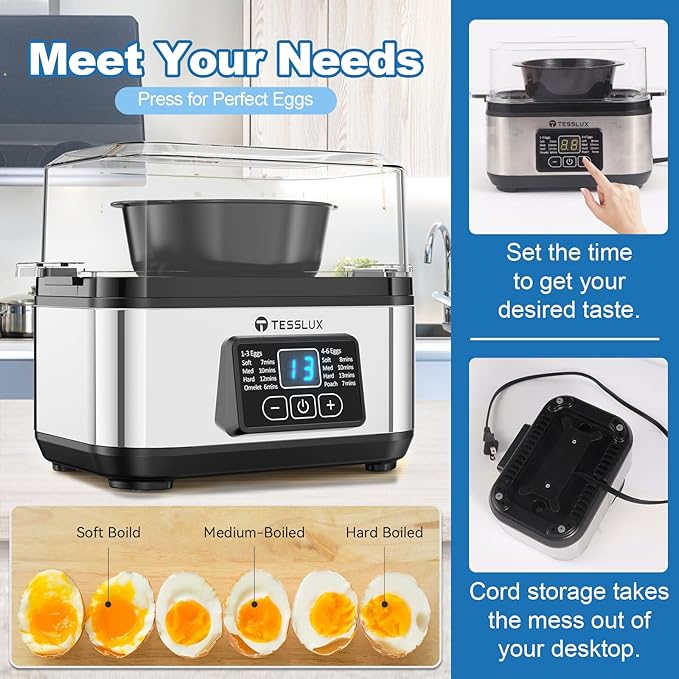 Electric Rapid Egg Cooker, 6 Egg Capacity for Hard Boiled Eggs, Poached Eggs, Scrambled Eggs, or Omelets Maker with Auto Shut Off (Sliver)