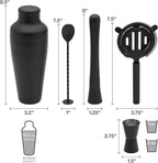 Houdini Noir 5 Piece Bar Tool Set - Stainless Steel Cocktail Shaker, Jigger, Strainer, Muddler and Mixing Spoon with Sleek Black Finish for Home Bar
