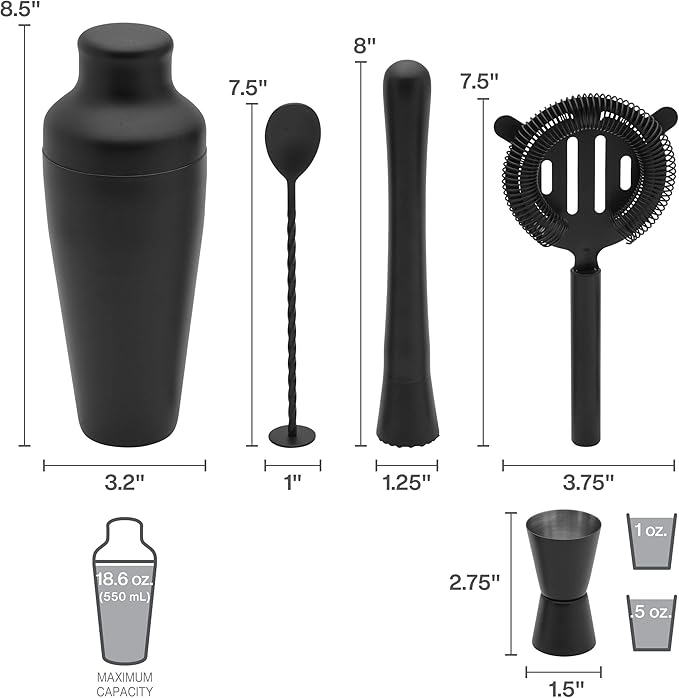 Houdini Noir 5 Piece Bar Tool Set - Stainless Steel Cocktail Shaker, Jigger, Strainer, Muddler and Mixing Spoon with Sleek Black Finish for Home Bar