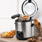 OVENTE Electric Deep Fryer, 0.9L Capacity, 840W with Adjustable Temperature, Locking Lid, Removable Fry Basket & Cool-Touch Handles, Stainless Steel Countertop Fryer, Silver FDM1091BR