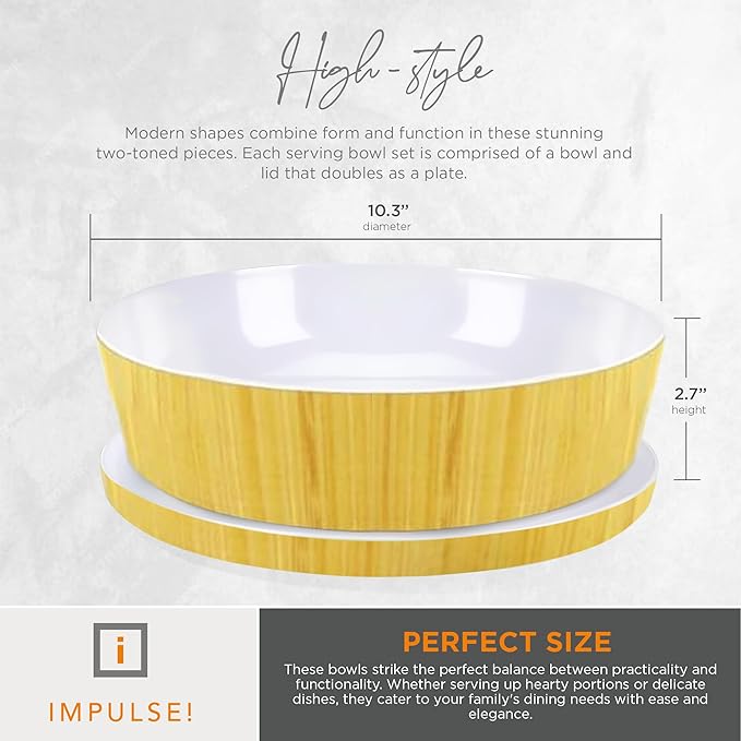 IMPULSE! Rimini Large Bamboo Melamine Bowl – Bright & Stylish with Lid That Doubles as Plate | Great for Salads, Sides, Snacks, Dips & More | Perfect for Outdoor, Home & Commercial Use
