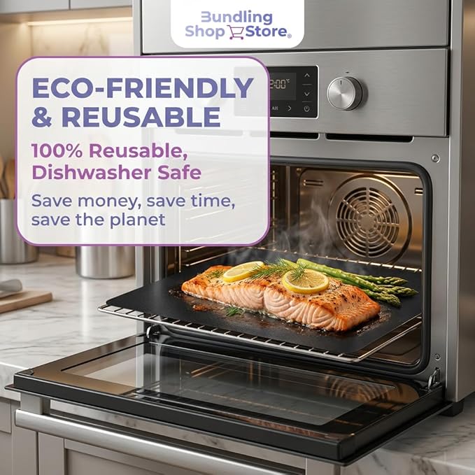 4-Pack Oven Liners (16" x 13") – Heavy Duty 0.4mm PFOA-Free PTFE Non-Stick Sheets for Gas & Electric Ovens, Baking & Grilling – Includes 1 Bonus Nano Rust Eraser Sponge