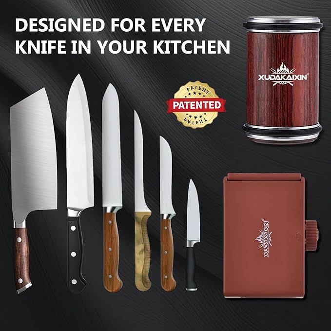 The Innovative Knife Sharpener - Patented Multi-Angle Premium Rolling Knife Sharpener with Extra Replacement Head for Chef's, Fruit, and All Steel Knives (Colorful Wood)