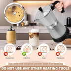 Silver Aluminum Electric Moka Pot, 3 or 6 Cups Espresso Maker with Dose Reduction Plate