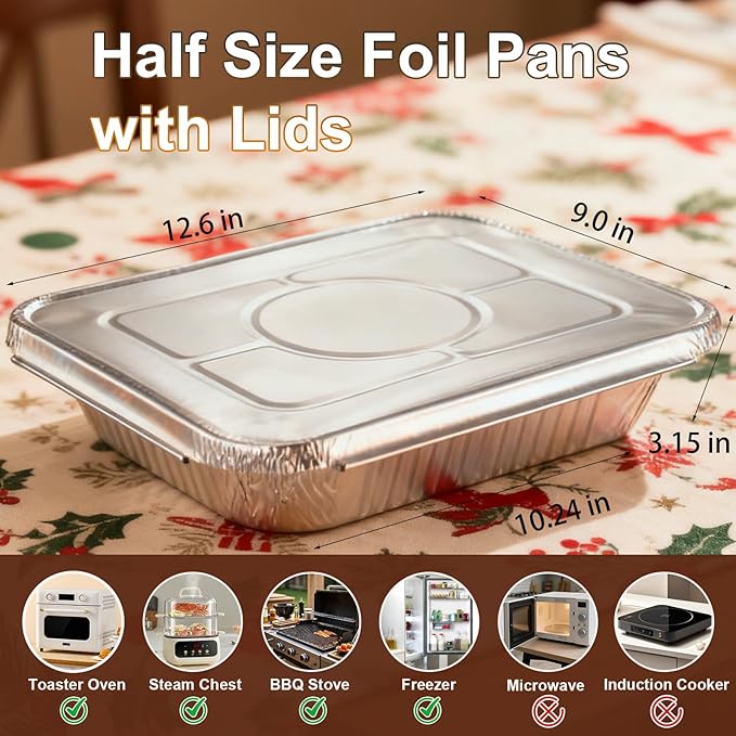 Aluminum Foil Pans 9x13 - Disposable Half Size Deep Steam Table Tin Foil Pans for Oven Baking Cake, Roasting Turkey, Food Prepping, Storing, Freezing, Chafing (25 Pack with Lids)