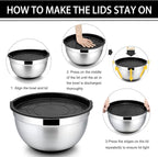 P&P CHEF Mixing Bowls With Lids, Set of 6, Stainless Steel Nesting Mixing Bowls & Fitting Lids & Non-Slip Silicone Bottom, Ideal for Mixing, Storing, Size 0.7/1/1.5/2.5/3/4.6 Qt, Black