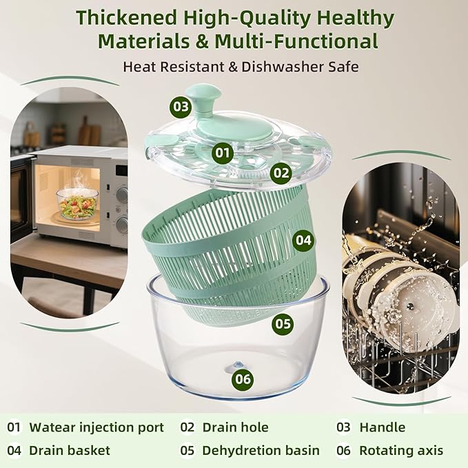 Borosilicate Glass Large Salad Spinner & Vegetable Washer - 5.2 Quart BPA-Free Dehydrator with Handle Includes 5 Chopping Blades Slicer, Drain Bowl Dishwasher Safe - Perfect for Lettuce Fruit Veggies