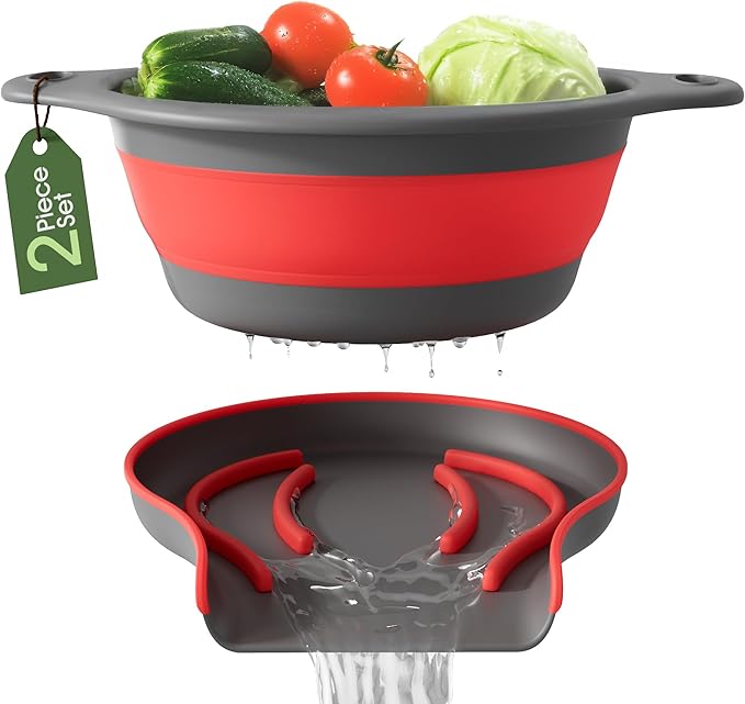Gevoli Strainer with Self-Draining Base (5QT) Over-Sink Collapsible Kitchen Colander Set with Side-drain Base for Pasta Vegetables and Fruit, XL Large Capacity, Dishwasher Safe (5-Quart) Red/Gray