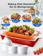 Ceramic Baking Dish and Ramekins Set Casserole Dish with Handles Packaging Upgrade Nonstick Ceramic Bakeware Ramekins Bowls for Baking Souffle, Cooking, Cakes, Lasagna & Gift, Red