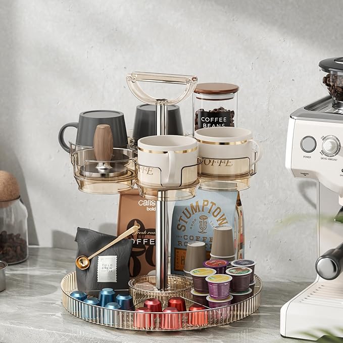 Rotating Coffee Bar Accessories Organizer, 2-Tier Lazy Susan Cup Holder for Stanley 40oz Tumbler with Handle, Countertop Drying Rack Station with Divided Tray for K-Cups, Snacks & Mugs