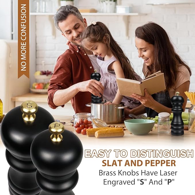 Salt and Pepper Grinders Set of 2, Manual Pepper Mill & Salt Grinder with Adjustable Ceramic Rotor & Stainless Steel Gasket, Refillable Black Salt & Pepper Shakers for BBQ Restaurant Kitchen