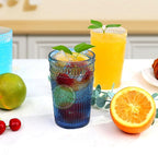 Loivttvv 6pcs Vintage Drinking Glasses Set, 12 oz Blue Highball Glasses, Embossed Ribbed Glassware Cups for Cocktail, Water, Juice, Coffee, Whiskey