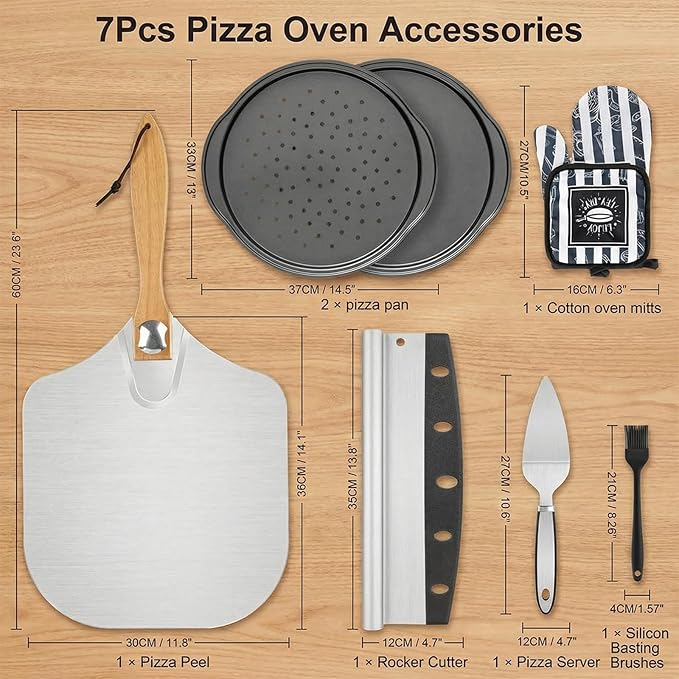 Pizza Peel Pizza Pan Set, 7Pcs Pizza Oven Accessories, 12 Inch Metal Paddle (12"x 14") with Foldable Wooden Handle, 2 Pizza Pans, Rocker Cutter, Pizza Server, Oven Mitts, Oil Brush