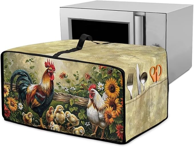 Rooster Sunflower Print Toaster Oven Dust-proof Cover Heat-Resistant Kitchen Small Appliance Air Fryer Covers Universal Washable Microwave Oven Covers (Small-14.5 * 18.46 * 9 inches)