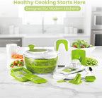 7-in-1 Large Salad Spinner & Vegetable Chopper with Container - Multi-function Lettuce Spinner Fruit Washing Bowl with Strainer, Grater, Slicer, Julienne, Spiralizer, Ribbon Cutter & Dicer