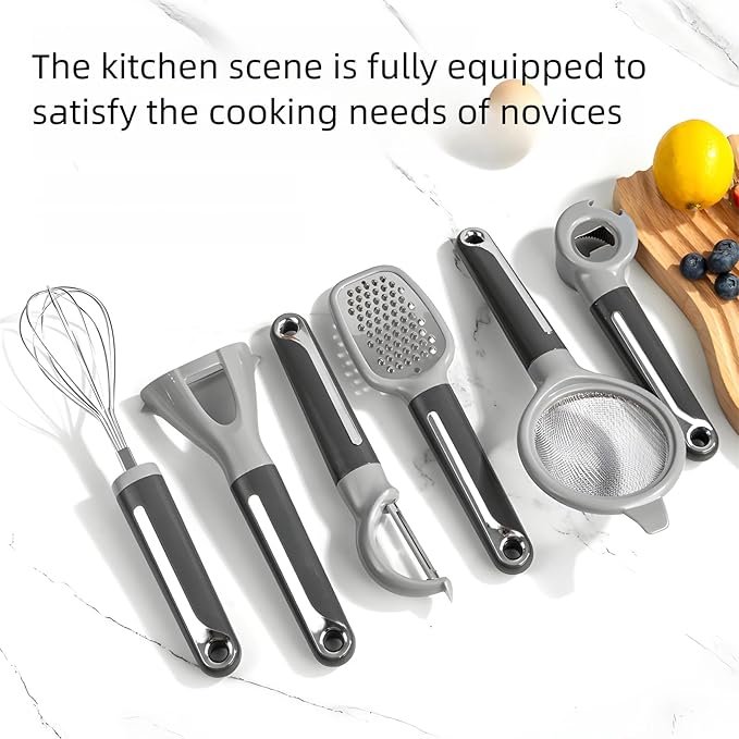 7-Piece Kitchen Gadget Set, Stainless Steel Cooking Utensils Set with Holder, 7-Pieces All Metal Kitchen Utensils, 11.4’’ Long Kitchen Tools with Countertop Rotating Stand (Gray)