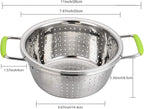 Stainless Steel Deep Colander Micro-perforated 2.5 Quart Metal Food Strainer with Green Silicone Handles for Draining Pasta Cleaning Food like Fruit