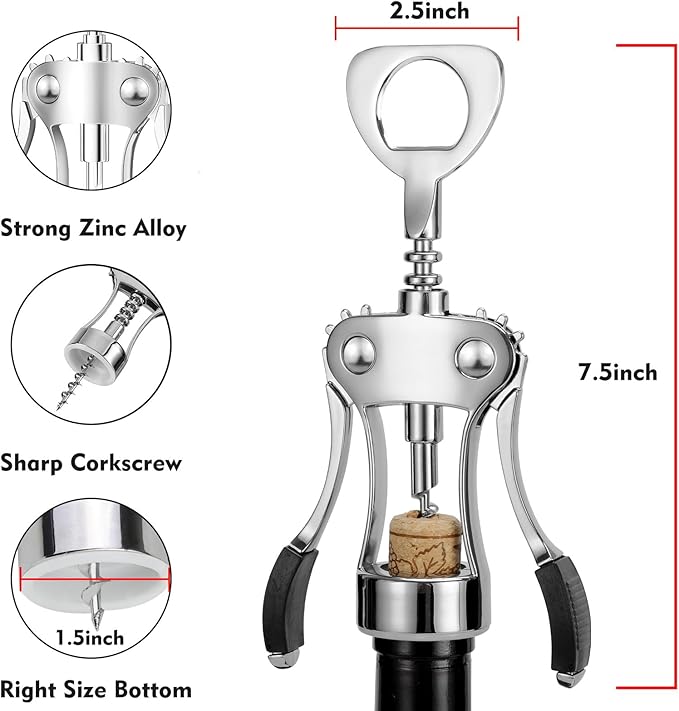 KORCCI Wine Opener, Heavy-Duty Zinc Alloy Wing Corkscrew, Premium Beer Bottle Opener, Multifunctional Wine Accessories with Ergonomic Handle and Sharp Screw, for Kitchen, Bar, Restaurant (2PCS)