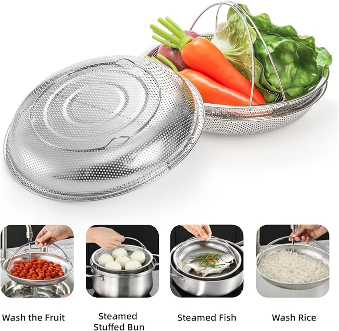 Cididu 3 Pack Steamer Basket for Cooking, Micro-Perforated Strainer Colander Set, Stainless Steel Vegetable Veggie Steamer Rack for Pot, All-In-One Steaming Rack Stand with Handles, Dishwasher Safe