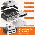 OLIXIS Electric Grill Indoor for Steak and Veggies, Smokeles Griddle with Lid for Kitchen Cooking, Countertop Oven Includes Temp Control/Grill Plate/Splash Guard/Crumb Tray, Silver