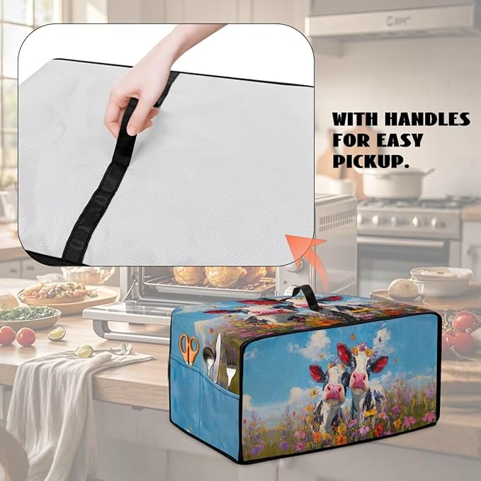 Cow Butterfly Flower Print Toaster Oven Cover, Dust-proof Heat-resistant Air Fryer Cover with Accessory Pockets, Kitchen Small Appliance Protector, (Small-14.5*18.46*9 inches)