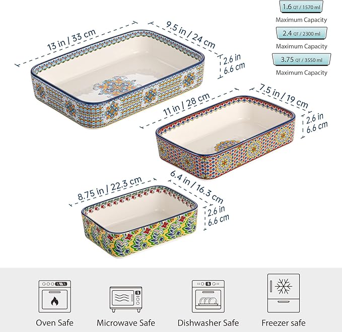 Casserole Dishes for Oven, Ceramic Baking Dishes Set of 3, Rectangular Lasagna Pans, Ceramic Bakeware Set for Baking, Roasting and Serving - Boho Style