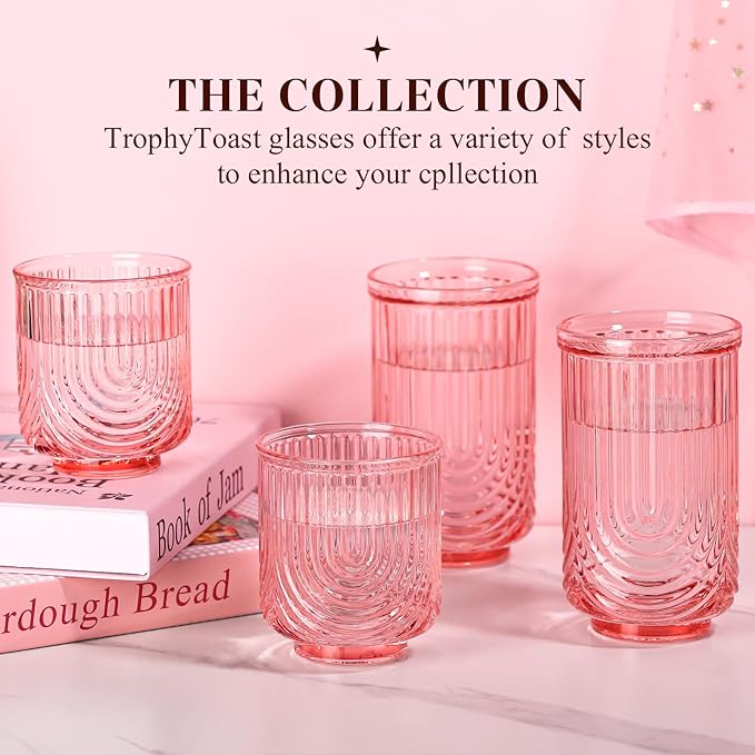 Pink Vintage Drinking Glasses Set of 6-17oz Hand-Blown Highball Ribbed Glassware, Arch Design Cocktail Glasses for Whiskey Water Beverages Ice Coffee Juice Milk