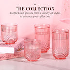 Pink Vintage Drinking Glasses Set of 6-17oz Hand-Blown Highball Ribbed Glassware, Arch Design Cocktail Glasses for Whiskey Water Beverages Ice Coffee Juice Milk