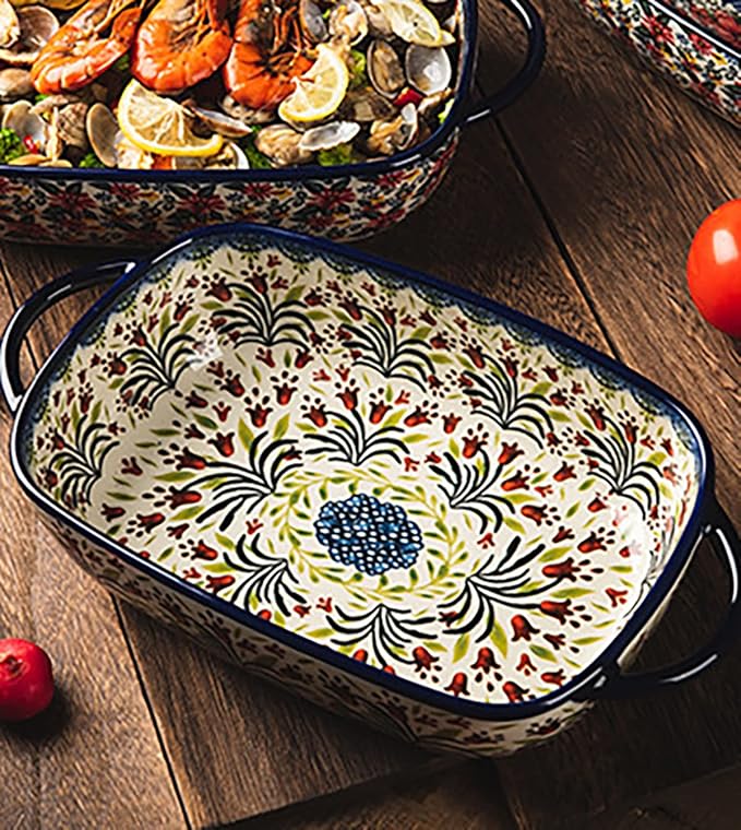 Vintage Style Tulip Flower Pattern Ceramic Bakeware Casserole Dish Baking Pan Lasagna Pans Baking Dish with Handles for Oven/Cooking/Kitchen-1 PCS-60 OZ