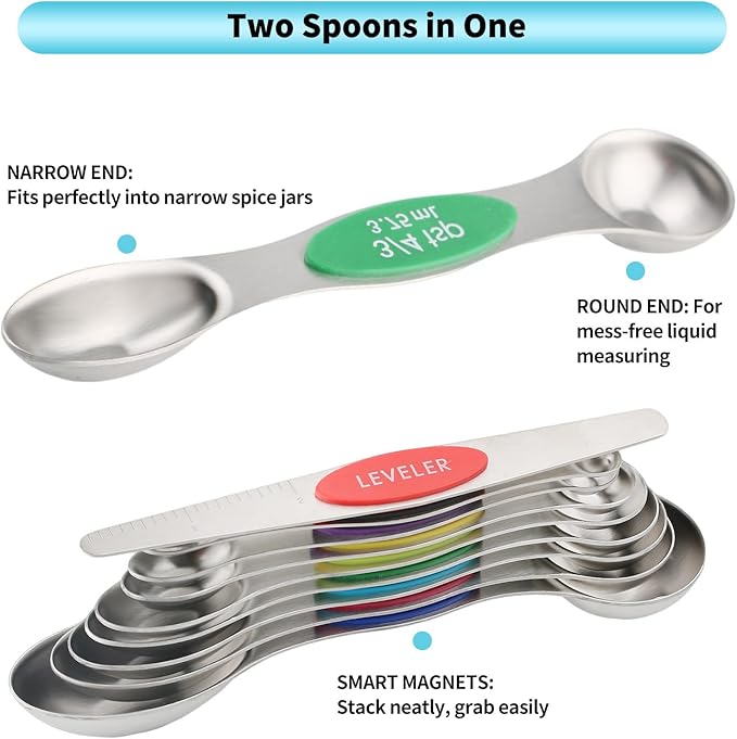 Magnetic Measuring Spoons Set of 9 with Leveler, Color-Coded Dual Sided Stainless Steel Measuring Spoon Set, Stackable Teaspoon and Tablespoon Set for Baking, Cooking, Kitchen Gadgets Dishwasher Safe