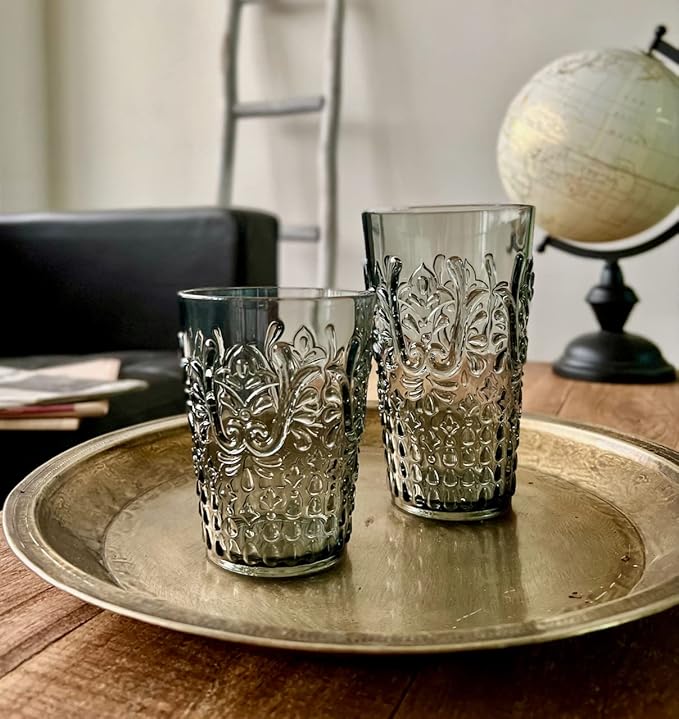 KLIFA- BLOIS- 15.2 & 20.5 ounce, Set of 8, Acrylic Tumbler & Highball Drinking Glasses Cups, BPA-Free, Stackable Plastic Drinkware, Dishwasher Safe, Vintage Looking Cups, Gray-Black