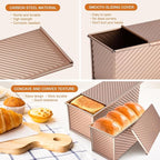 2Pack Large Bread Pan with Lids – 2.2LB Dough Capacity, Non-Stick Carbon Steel Bread Pans for Homemade Sandwich and Sourdough Bread, Corrugated Toast Mold(Gold)