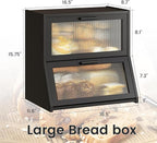 GHWIE Double Layer Bamboo Bread Box for Kitchen Counter,Large Capacity Storage Bin with Acrylic Wavy Door Panel (Black, Extra Large)