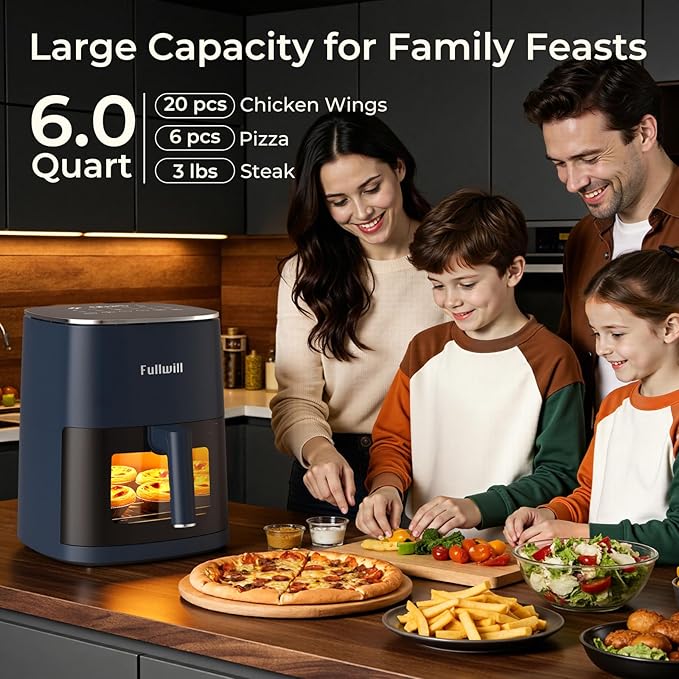 Fullwill 6QT Air Fryer with Viewing Window,12-in-1 Multi-Function Air Fry,Roast,Bake, Dehydrate, Fries,Nonstick and Dishwasher-Safe Basket,Family&friends Party,Max 400℉ Crisping 1700W,Blue