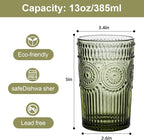 ZMOWIPDL Vintage Glassware Drinking Glasses Set of 6,13 oz Green Textured Flower Design Glass Water Tumblers，Embossed Striped Drinkware for Water,Cocktails,Juice,Iced Coffee