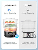 3 Tier Electric Food Steamer for Cooking, 13.7QT Vegetable Steamer for Fast Simultaneous Cooking, Veggie Steamer, Food Steam Cooker, 60 Minute Timer, BPA Free Baskets, 800W(Black)