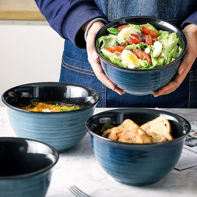 HASENSE Soup Bowls for Kitchen, 40 Ounce Large Cereal Bowls, 7 Inch Ceramic Serving Bowls for Salad Pasta Soup Popcorn, Dishwasher & Microwave Safe, Set of 4(Blue)
