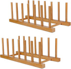 SAMEBUTECO Bamboo Wooden Dish Racks Plate Stand Holder Vertical Drainer Kitchen Cabinet Organizer for Dish, Pots, Lids, Bowls, Cups, and Cutting Boards and Books(2 Packs)