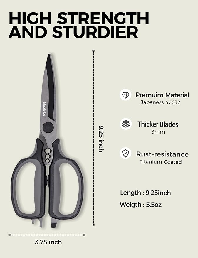 Heavy Duty Kitchen Shears, All Purpose Herb and Kitchen Scissors for food,Japanese 420J2 Stainless Steel,Titanium Coated, Detachable Blades and Soft TPR Handle,Dishwasher Safe