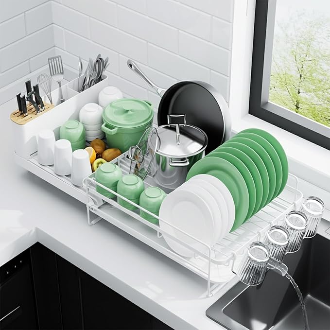 Kitsure Extendable Dish Drying Rack, Large Drying Dish Rack with Cutlery & Cup Holders, Multifunctional Dish Racks for Counter with Drainage, 18.2"-25.7" L x 12.9" W, White