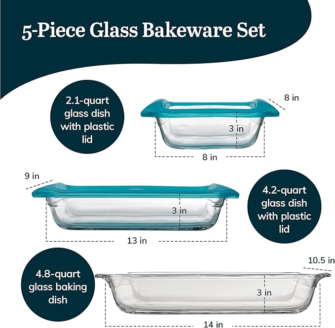 Libbey Baker’s Premium 5 Piece Glass Baking Dish Set, Stackable Casserole Dish with Lid Set, Baking Glassware for Casseroles, Lasagna, Brownies