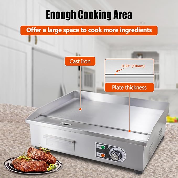 22" Commercial Electric Griddle,Electric Countertop Flat Top Griddle,110V 1600W Electric Flat Top Grill,Non-Stick Restaurant Teppanyaki Stainless Steel Grill,Adjustable Temperature Control