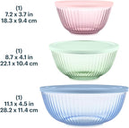 Pyrex Colors (3-Pack, Full Set) Sculpted Tinted Glass Mixing Bowls With Plastic Lids, Nesting Space Saving Set of Bowls For Prepping and Baking, 1.3QT, 2.3QT & 4.5Q, (Pink, Green, Blue)