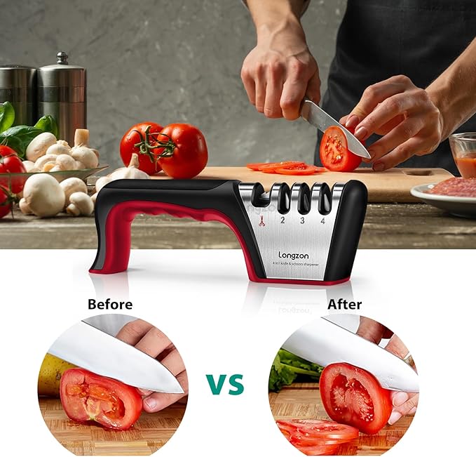 Longzon 5-in-1 Knife Sharpener 4 Stage with Cut-Resistant Glove, Quickly Sharpens & Restores Dull Blades, Easy & Safe for Home Kitchen Use, Fits Most Knives and Scissors, Black+Red
