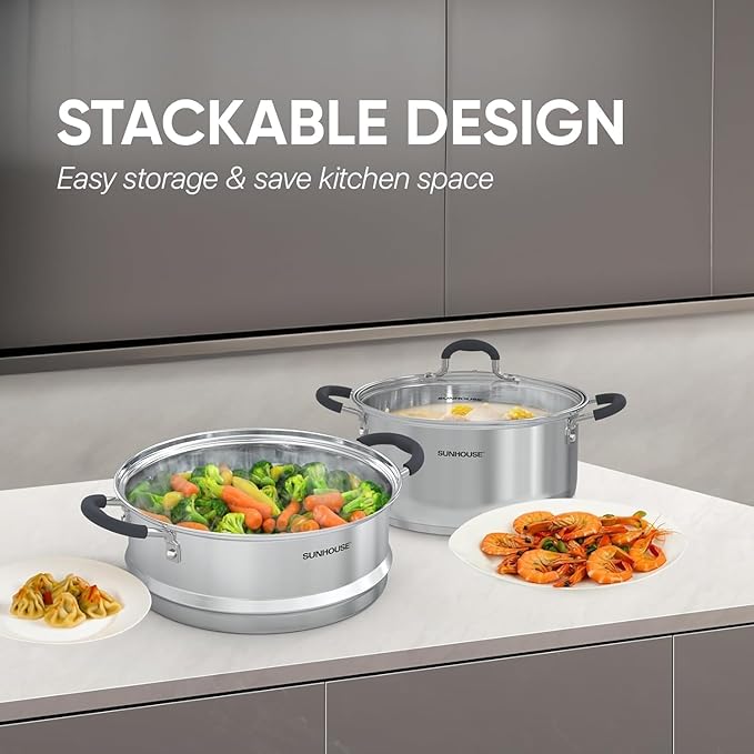 SUNHOUSE - 3.1 Quart Steamer Pots with Lid 2-Tier Multipurpose Stainless Steel Steaming Pot Cookware with Handle for Vegetable, Dumpling, Sauce, Food - Triple Bottom, Measurement Line