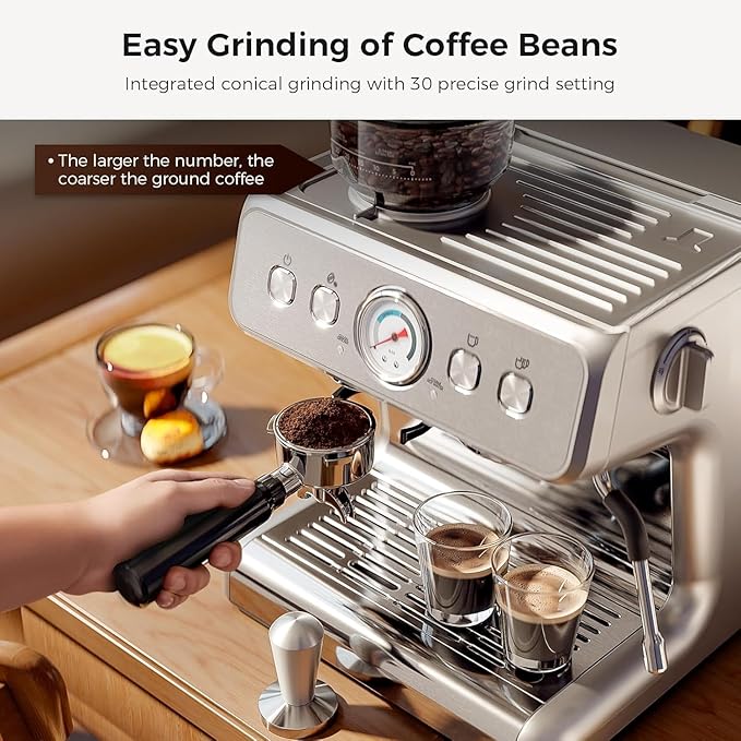 Kismile Espresso Machine with Grinder, 20 Bar Expresso Coffee Machines with Milk Frother, 58mm Expresso Machines for Home, Perfect for Cappuccino & Latte, Stainless Steel(2026 Upgrade)