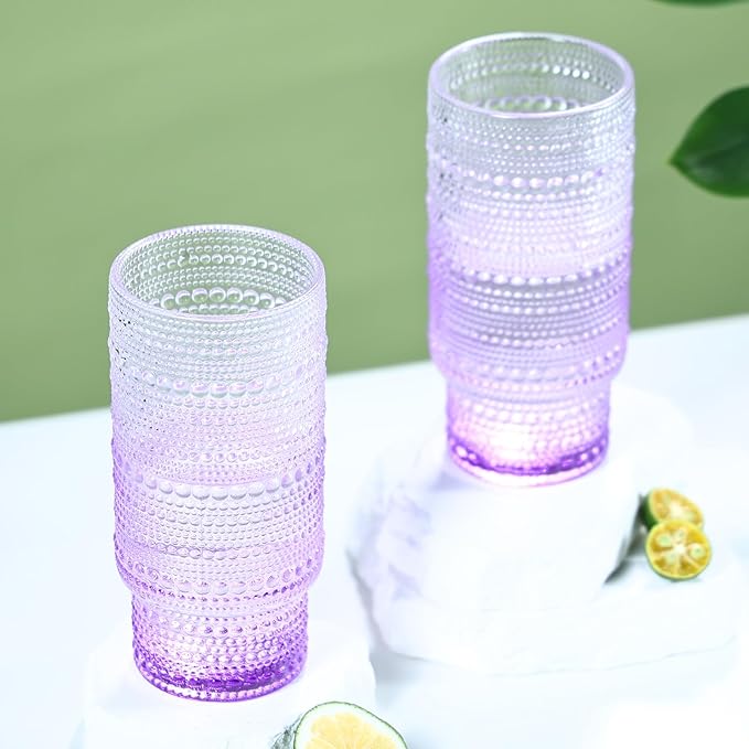 Large Capacity 16 oz Hobnail Drinking Glasses Set of 6, Vintage Glassware Drinking Glasses, Gradual Purple Water Glasses Tumbler, Cups for Kitchen, Juice, Beer, Cocktail, Whiskey