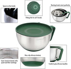 Rorence Mixing Bowls Set: Stainless Steel Non-Slip Bowls with Pour Spout, Handle and Lid - Set of 3 - Green