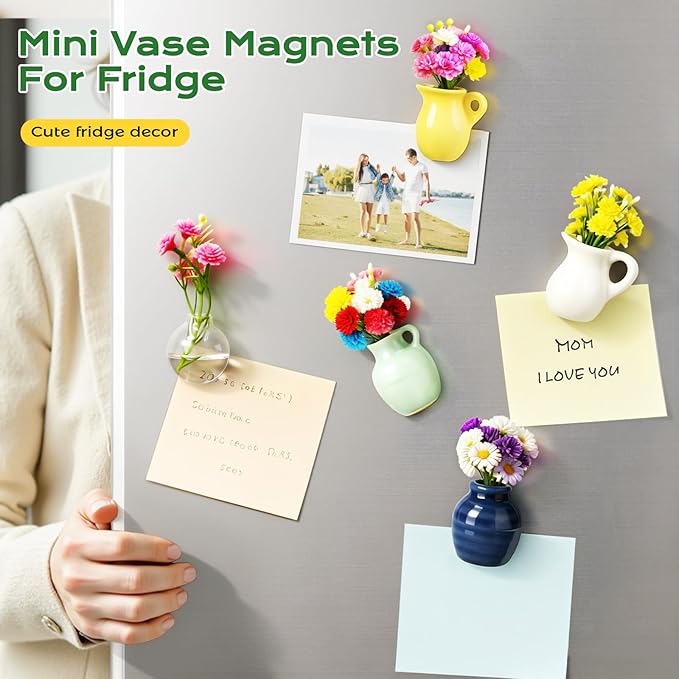 Renmxj 8 Pcs Refrigerator Magnets - Cute Mini Ceramic Vase Fridge Magnets with Artificial Flowers, Funny Tiny Vase Magnet for Fridge Decorative, Office, Kitchen, Locker, Whiteboard
