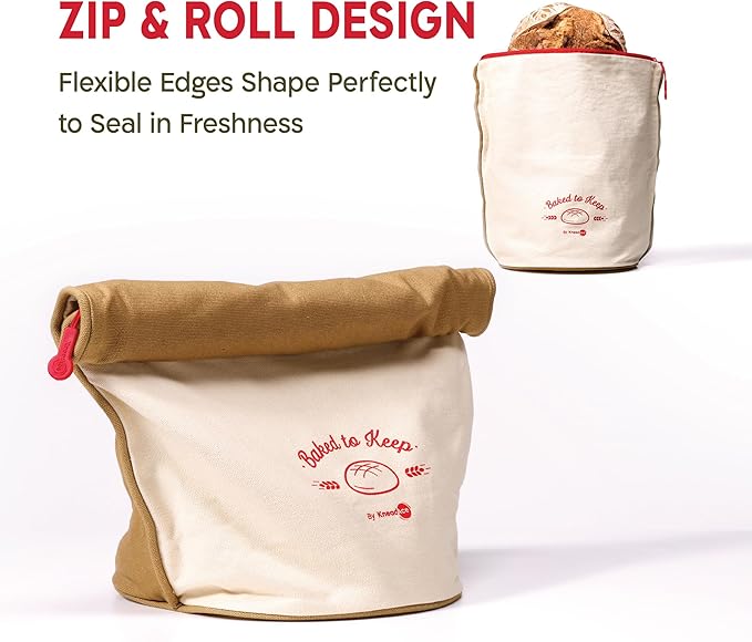 KNEADACE Bread Bags for Homemade Bread -Stylish Sourdough Bread Storage with Roll-Top Design, 100% Cotton & Food-Safe Lining, Eco-Friendly, Gift For Bakers & Home Bakers (2 Pack)